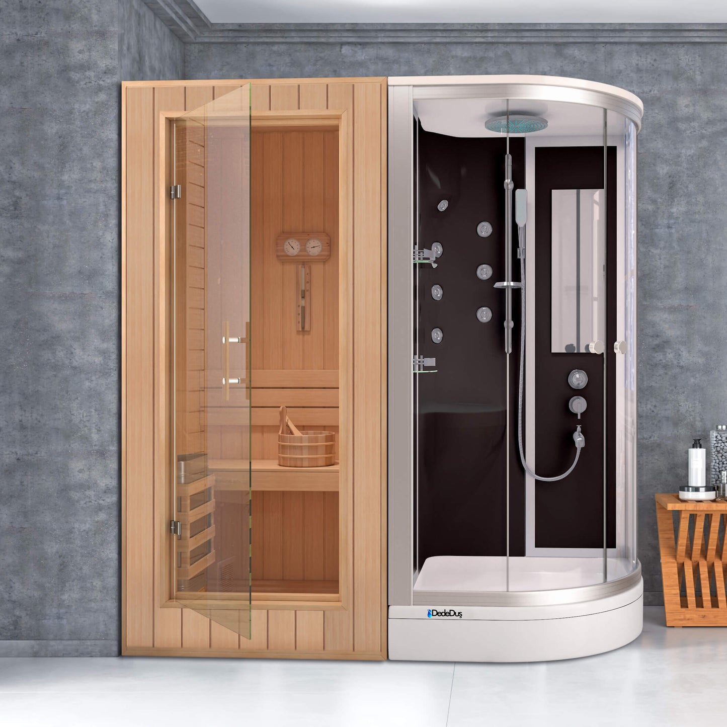 Siyah-beyaz asimetrik duş tekneli, kompakt duşakabinli. ev tipi sauna, Dede Duş, Çengelköy, Erenköy, Bakırköy