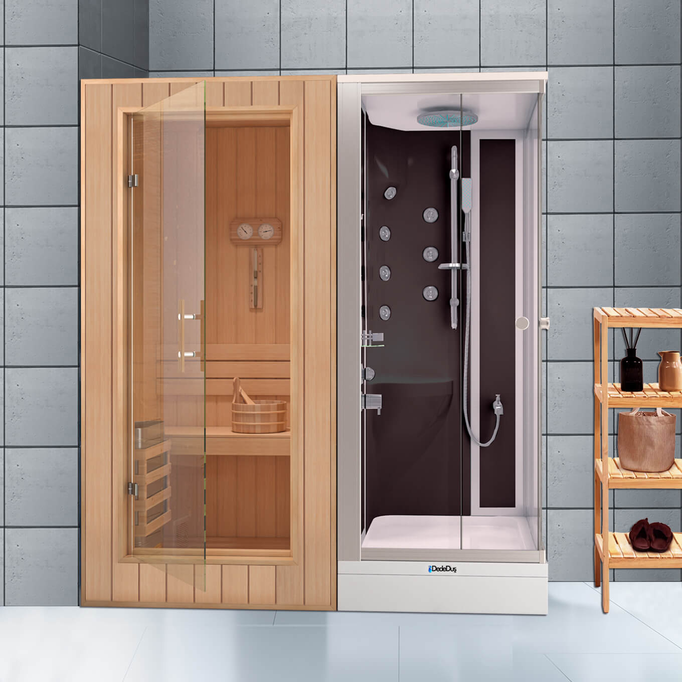 Siyah-beyaz dikdörtgen duş teknesi üzeri kompakt duşakabin ve sauna odası, Dede Duş, Çengelköy, Ümraniye, Dudullu