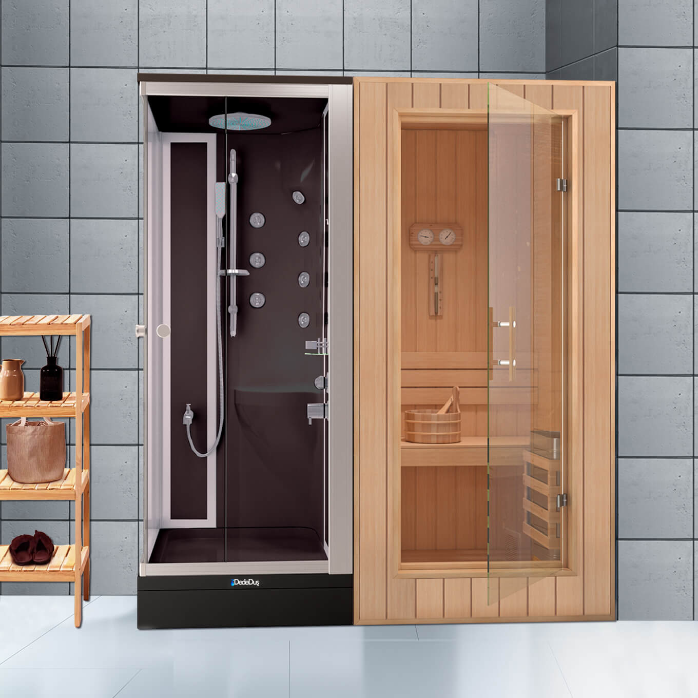 Siyah dikdörtgen duş teknesi üzeri kompakt duşakabin ve sauna odası, Dede Duş, Çengelköy, Çekmeköy, Şile