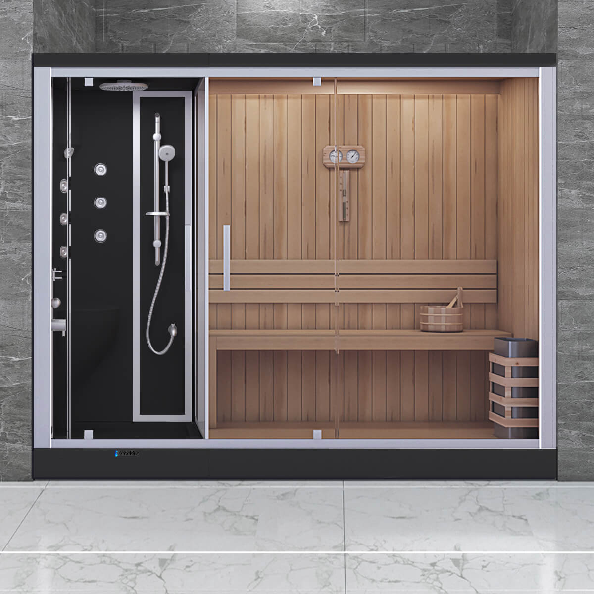 Siyah kompakt duşakabinli, duvar arası ev tipi sauna, Dede Duş, Sapanca, Sakarya
