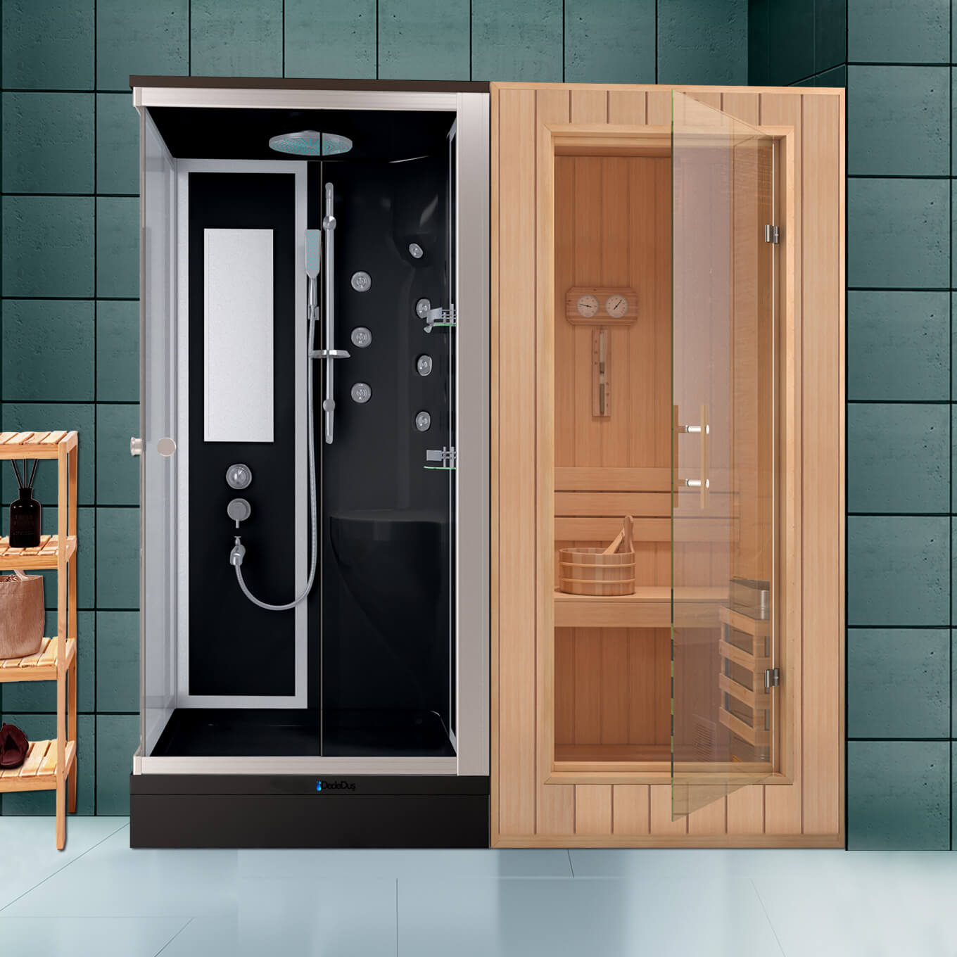 Siyah kare duş tekneli, masajlı, buharlı compacet duşakabinli, ev tipi sauna odası, Dede Duş, Çengelköy, Üsküdar, İstanbul