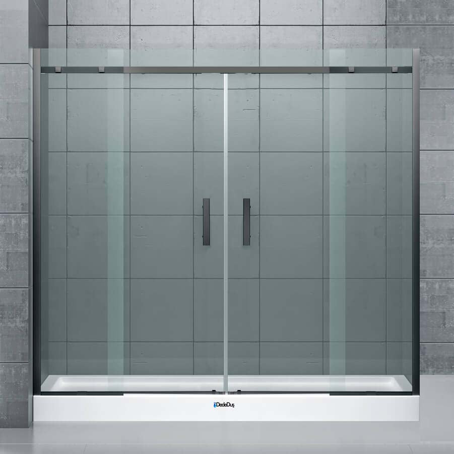 Üstten askılı, 2 sabit, 2 sürgülü kapı ve yan panelli, önden girişli, siyah renk, dikdörtgen duşakabin, Dede Duş, Çengelköy