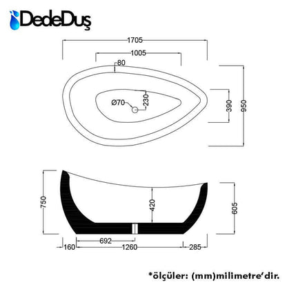 bağımsız küvet 172 x 96 cm teknik çizimi ve ölçüleri Dede Duş İstanbul