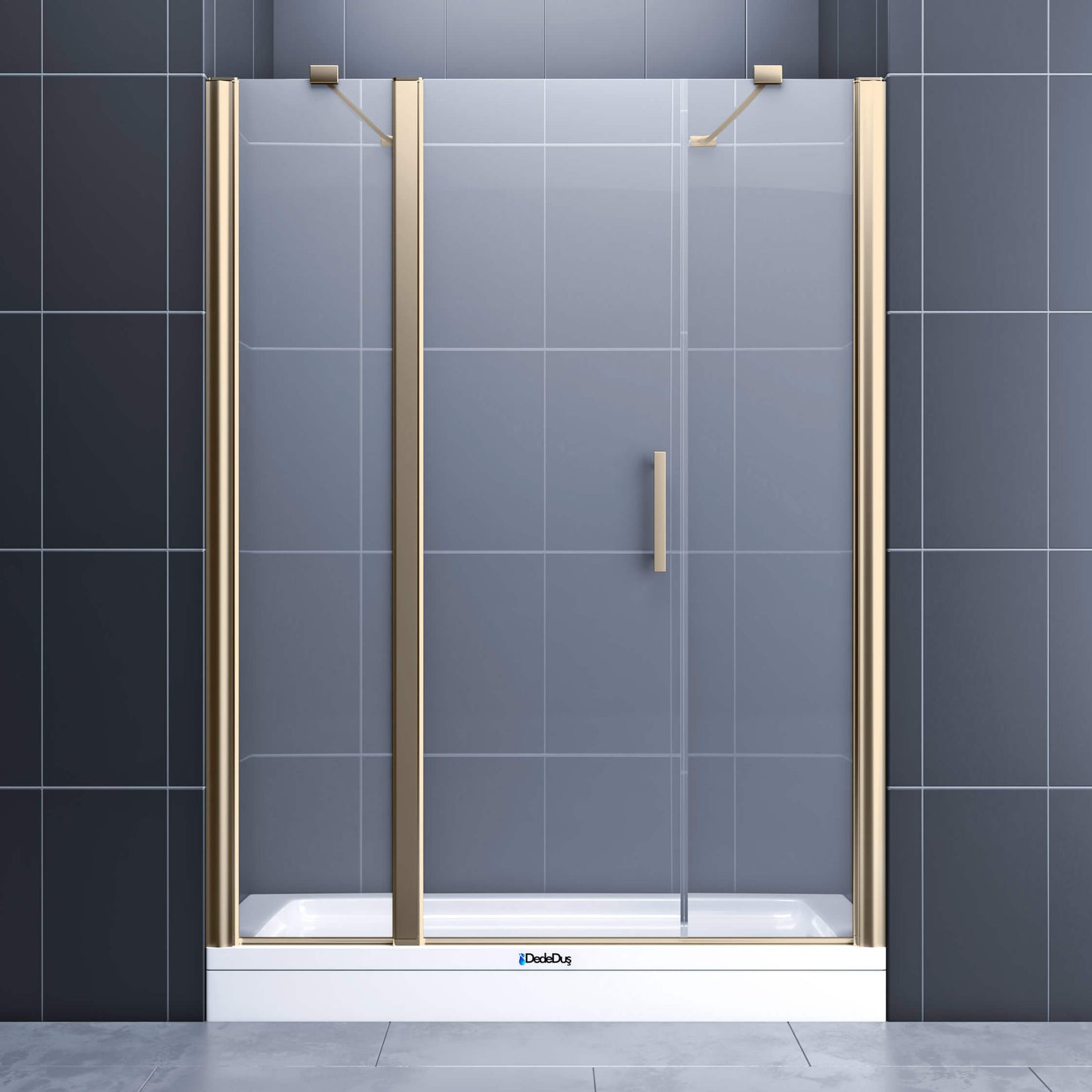 Duvardan duvara, 2 sabit, 1 boy menteşeli kapı, altın profil renkli duşakabin Kuzguncuk Dede Duş
