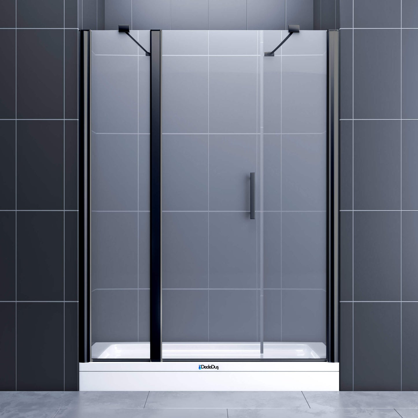 Duvardan duvara, 2 sabit, 1 boy menteşeli kapı, siyah profil renkli duşakabin Kanlıca Dede Duş