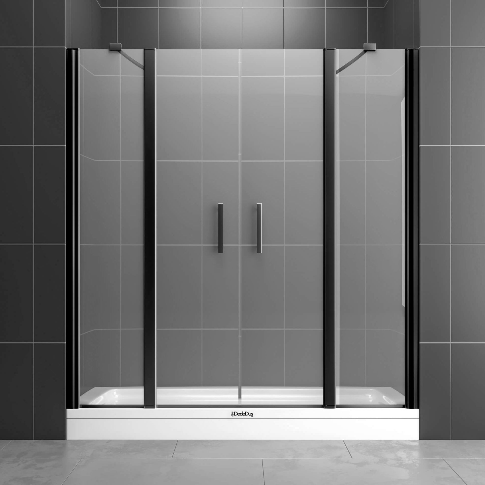 Duvardan duvara 2 sabit, 2 açılır kapı, siyah renk profilli, boy menteşeli duşakabin Çengelköy Dede Duş